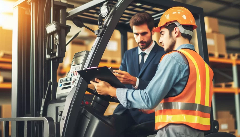 Operator checking forklift condition